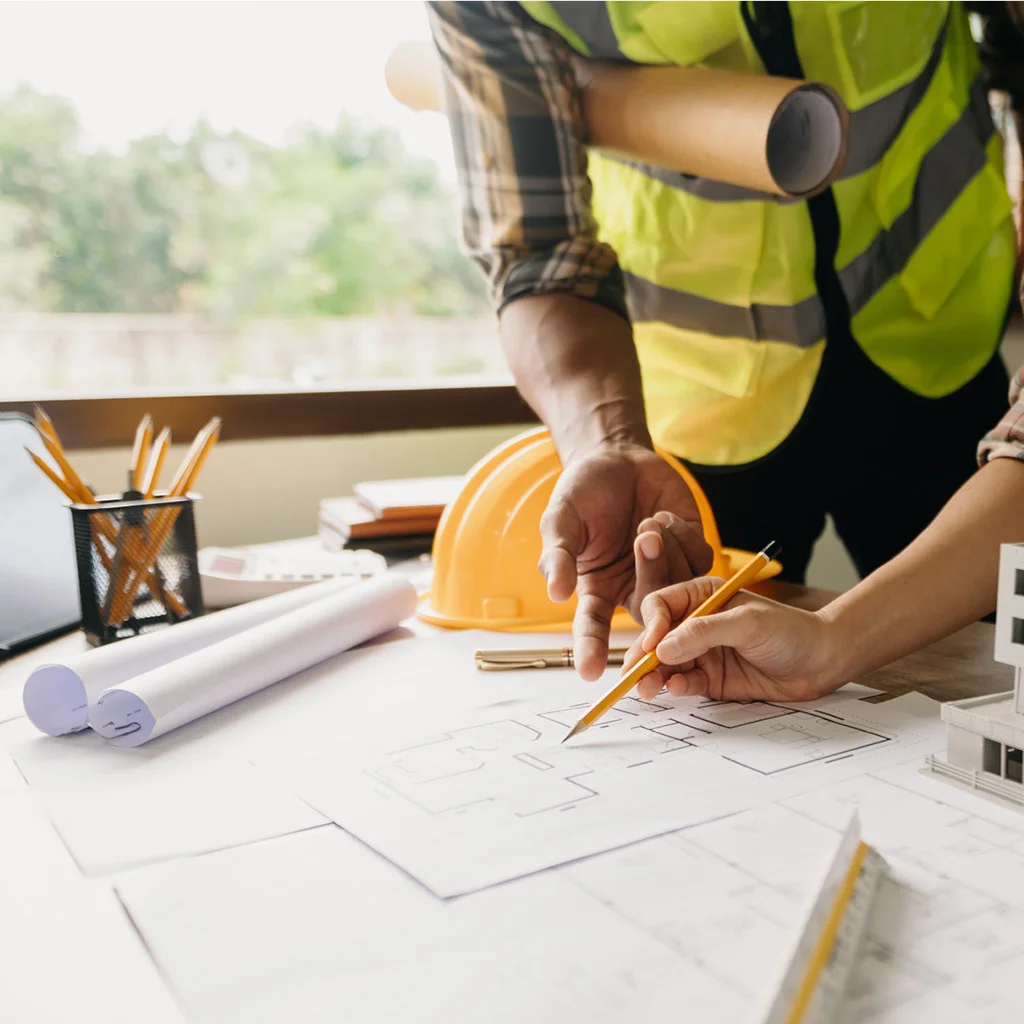 Close-up of architects reviewing blueprints at a desk, with safety gear and drafting tools visible.
