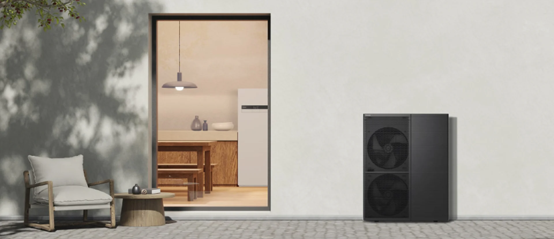 Outdoor heat pump unit beside a modern home with a view into a minimalist wooden dining area.