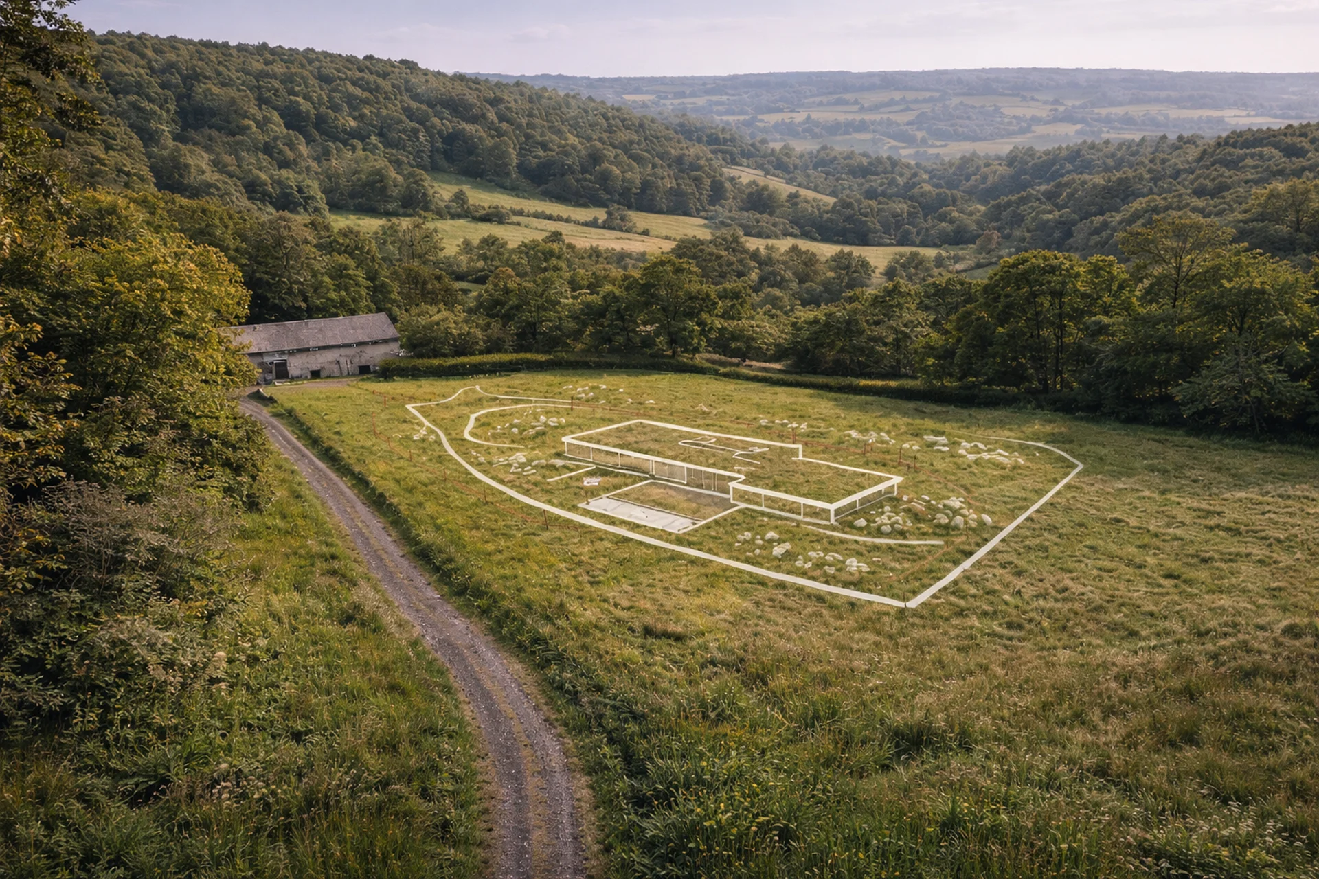Aerial view of a grassy field with a geometric outline and a barn, surrounded by rolling hills and trees.
